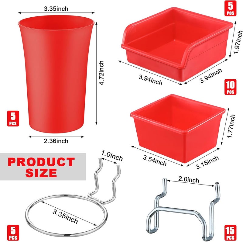 Yookeer 20 Pcs Pegboard Bins and Cups with Hooks and Loops Peg Assortment Organizer Accessories Various Tool Organizer Pegboard Baskets Set for Garage Workshop Workbench Office(Red) - Image 2